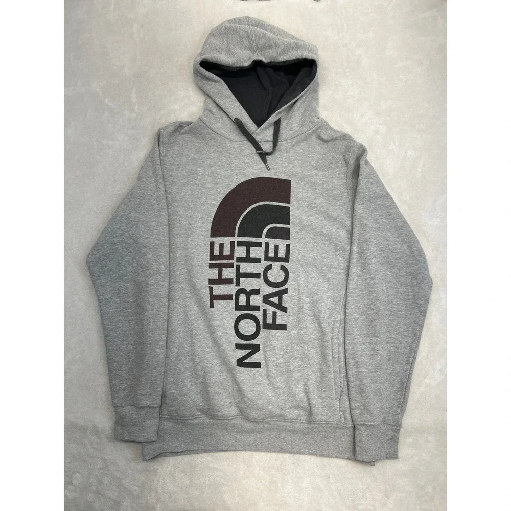 The North Face Hoodie Mens M Gray Vertical Logo Graphic Pullover Sweatshirt
